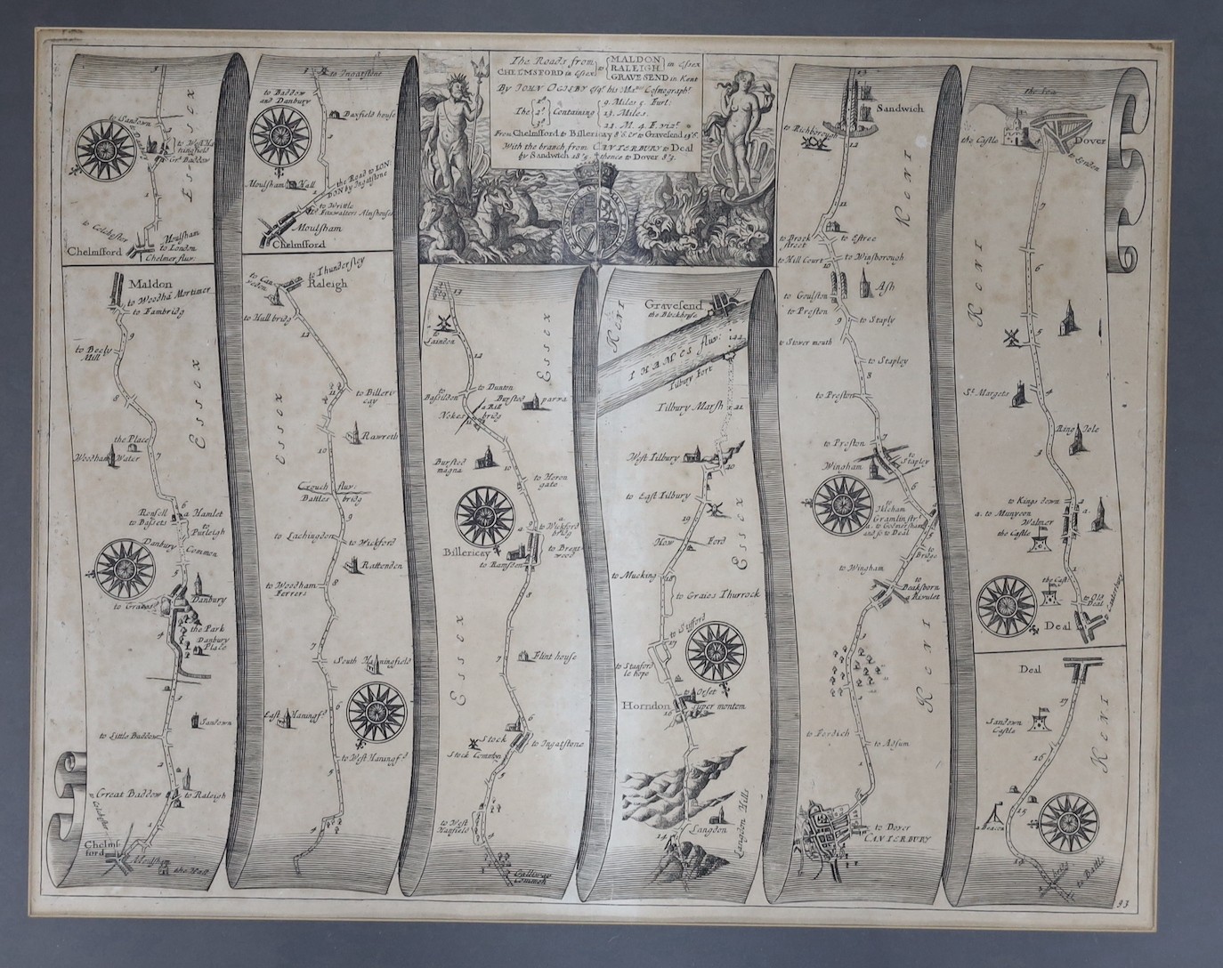 John Ogilby road map Chelmsford to Dover, 33 x 42cm